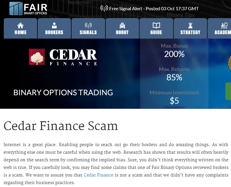 Ceedar finance scam fairbinaryoptions.com screenshot