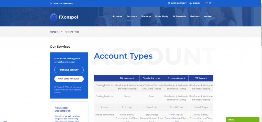 FXonspot Account types