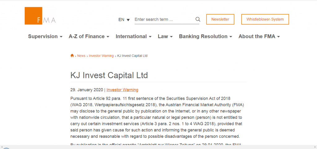 KJ Invest Capital Regulatory Warning/ License Status