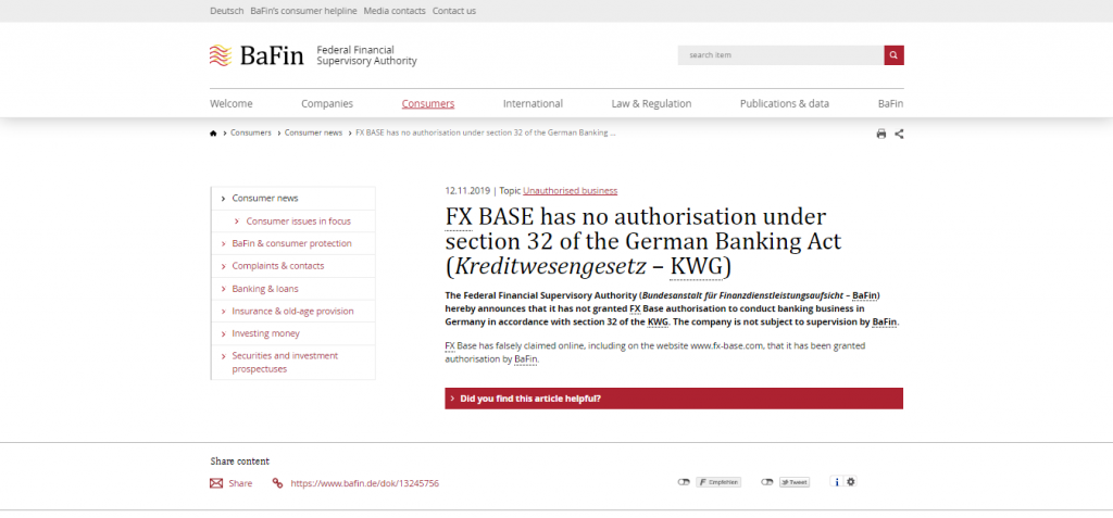 FXBase BaFIN License and Registration Warning