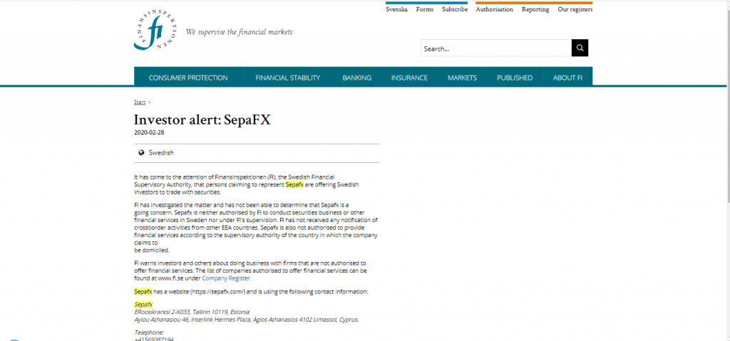 SepaFX Warning from Regulator FSA