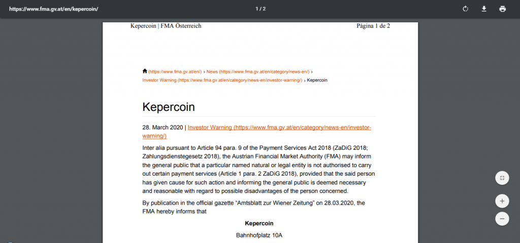 KeperCoin CNMV-waarschuwing