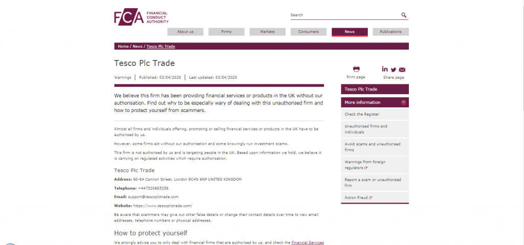 Tesco PLC Trade FCA-waarschuwing
