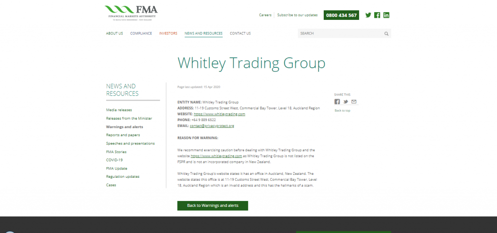 Avertissement Whitley Trading FMA