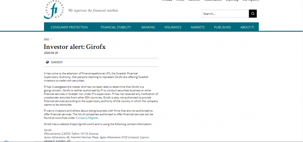 Aviso de licença do regulador GiroFX