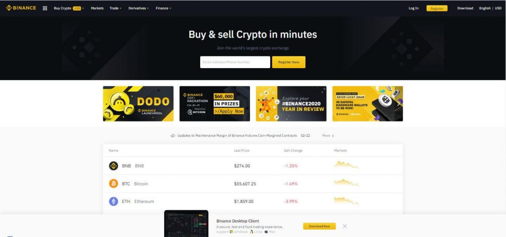 Piattaforma Binance Crypto Exchange