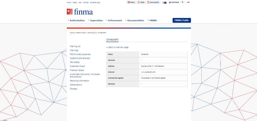 Ginebra FX FINMA Warnung