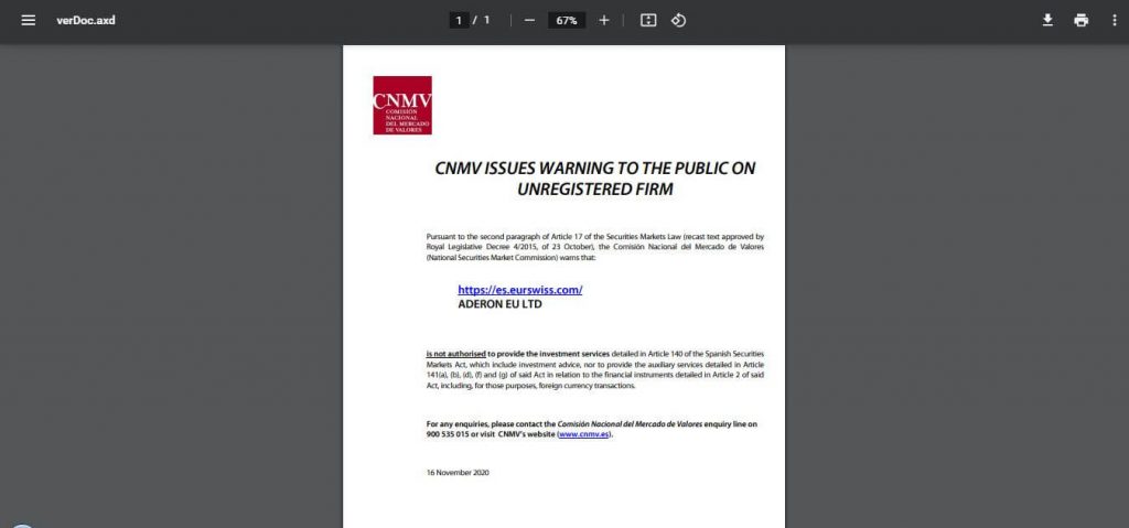 Advertencia de la CNMV en eurswiss.com