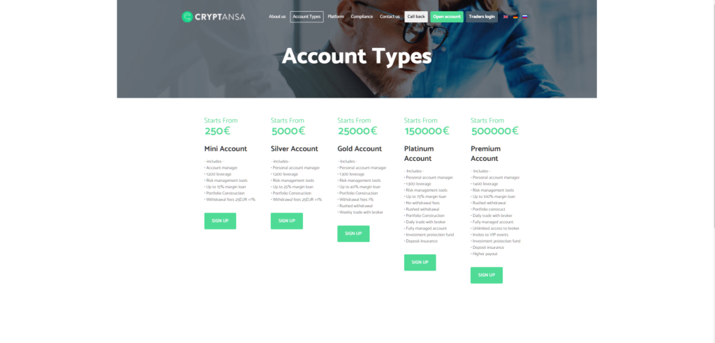 Tipos de cuentas de Cryptansa