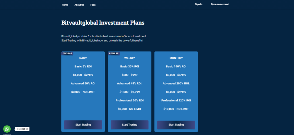 Forfaits d'investissement BitVaultGlobal