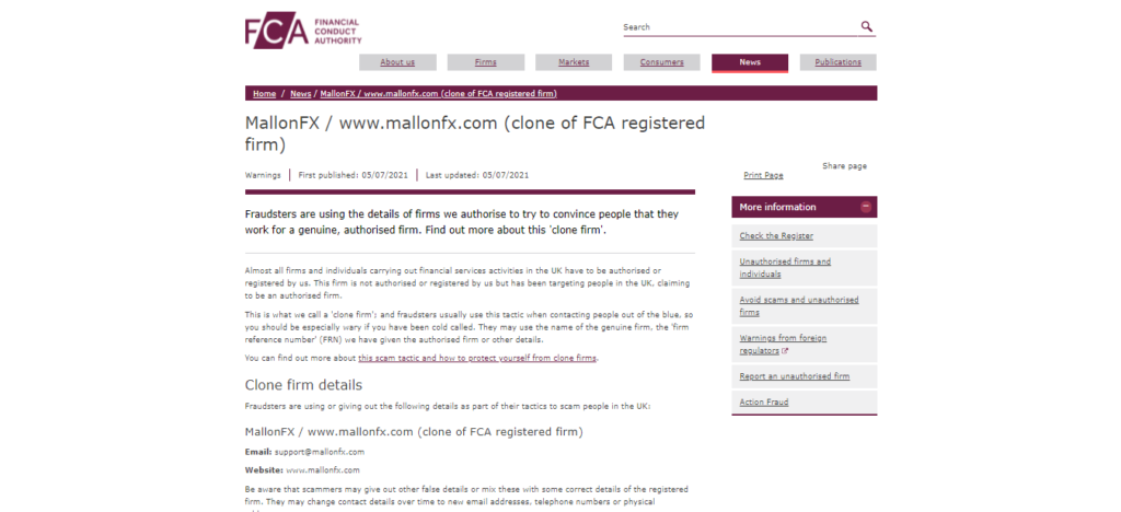 Lizenz und Registrierung Mallonfx.com