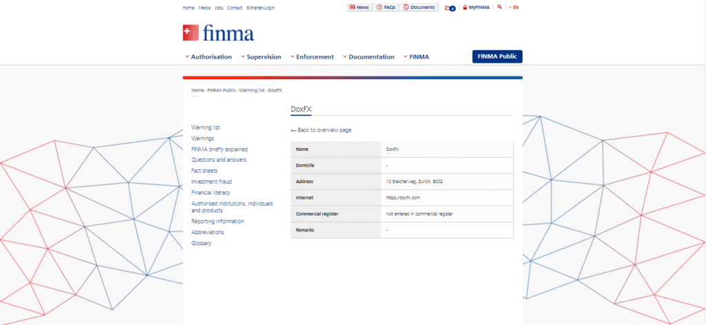 doxfx.com Advertencia de licencia FINMA