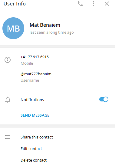 Perfil de Telegram de Mat Benaim