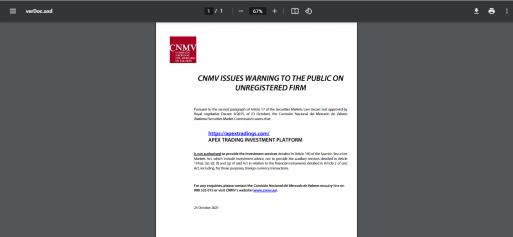 Is apextradings.com legitiem of een scam (CNMV-waarschuwing)