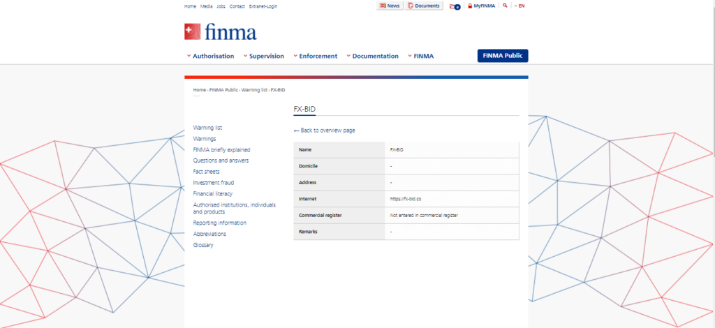 Advertencia de licencia FINMA Fx-bid.co