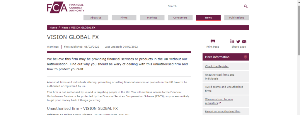 Vision Global FX Review, Visionglobalfx.com FCA-Warnung