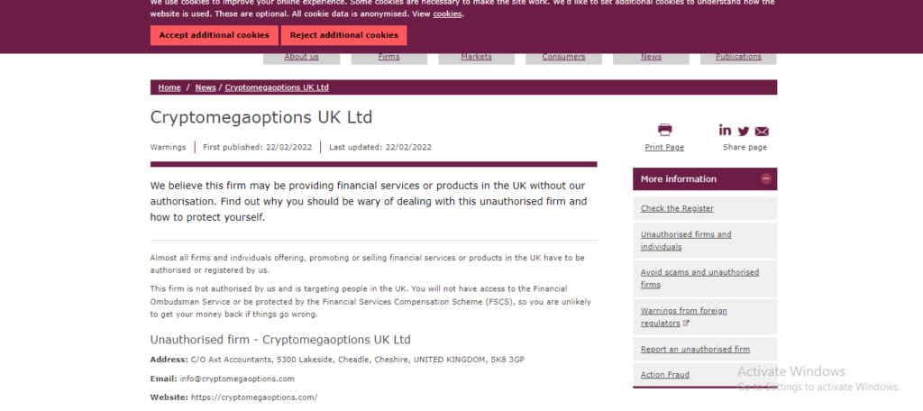 Cryptomegaoptions.com Review, Cryptomegaoptions.com FCA-waarschuwing