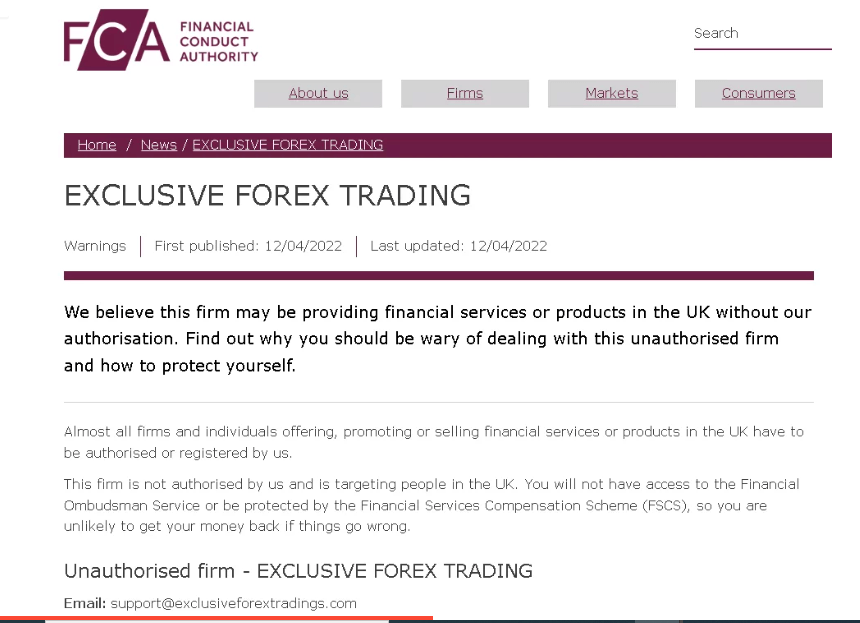 Еxclusiveforextradings.com Review, Еxclusiveforextradings.com FCA Avertissement
