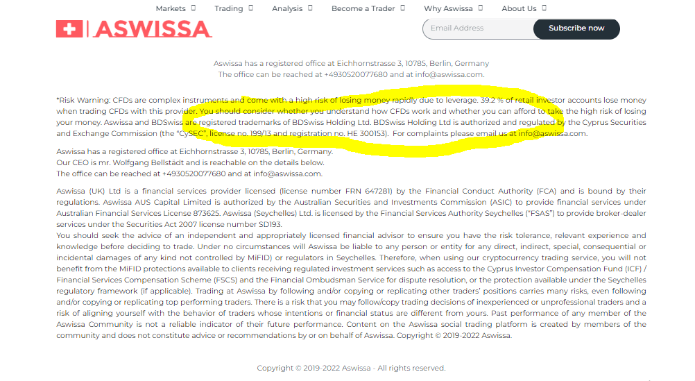 aswissa.com est-il réglementé ? NON