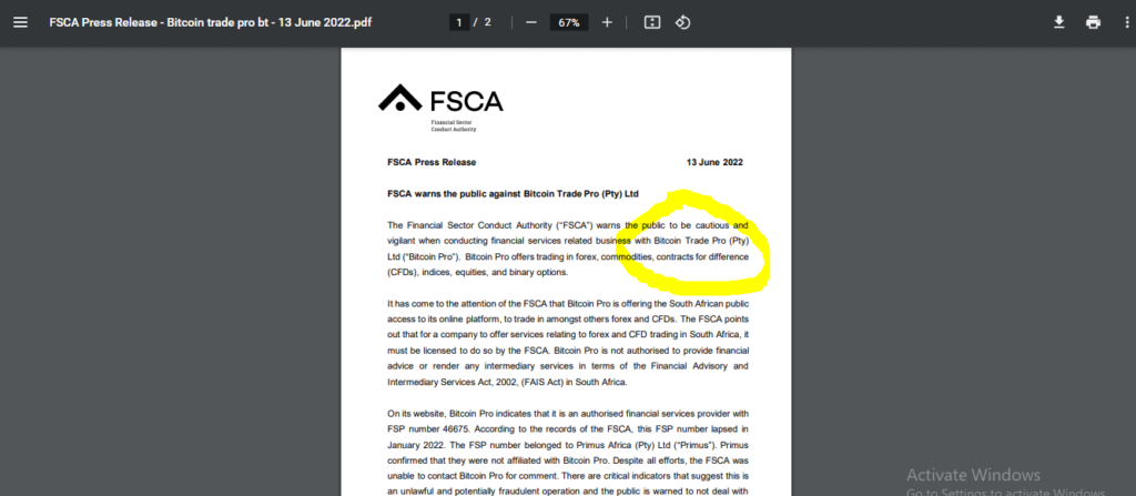 Avertissement FSCA bitcointradepro.com