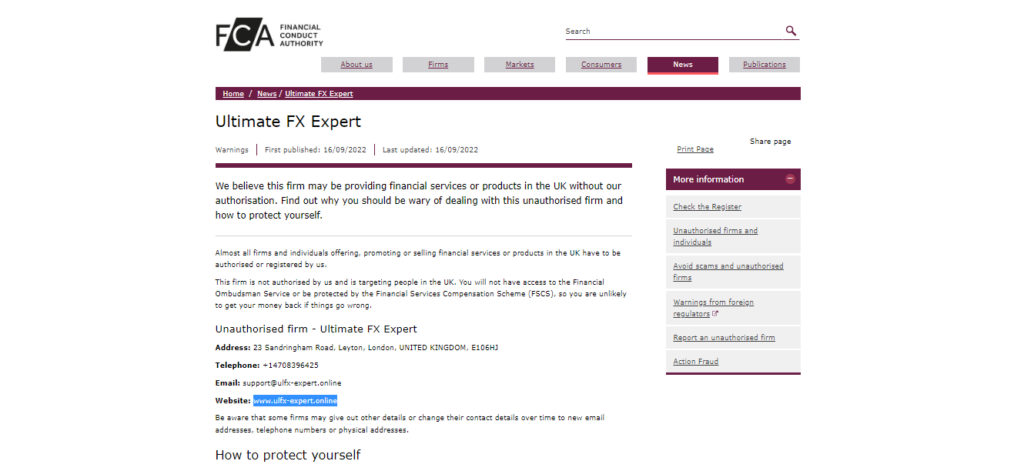 Un avertissement de la FCA concernant ulfx-expert.online