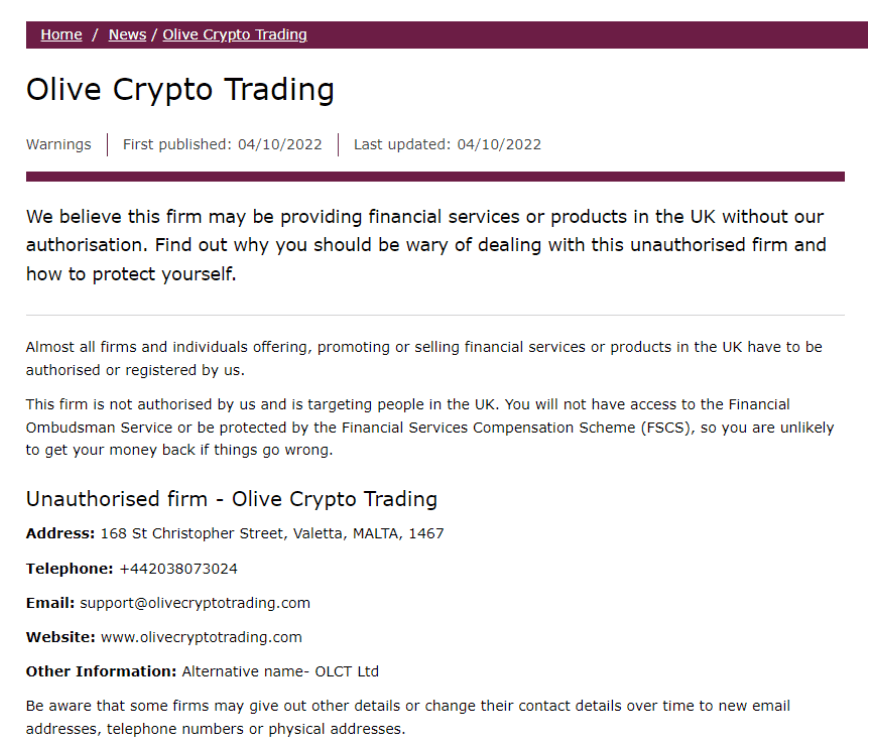 Olivecryptotrading.com Review, Olivecryptotrading.com FCA-waarschuwing