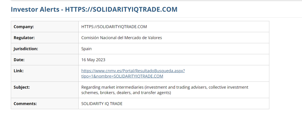 Solidarity Iq Trade Review, Solidarity Iq Trade Spanish CNMV Warning