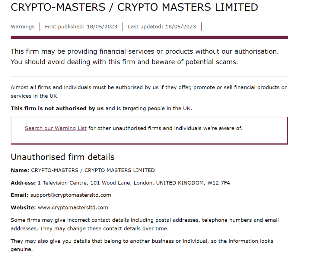 Revisión limitada de Crypto Masters, Compañía limitada de Crypto Masters