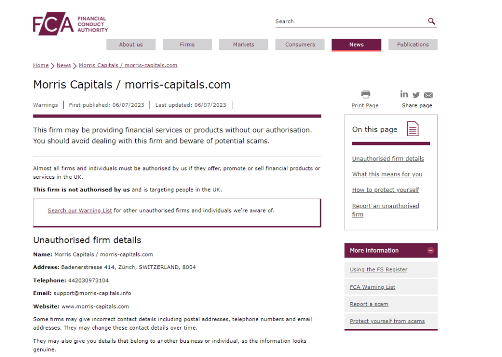 Morris-Capitals.com Review, Morris-Capitals.com FCA warning